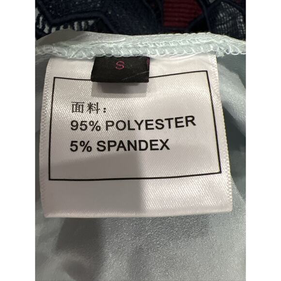 Renvy Size S Open Lace Fit and Flare Mini Dress Short Sleeve Red Navy High Neck - Picture 10 of 10